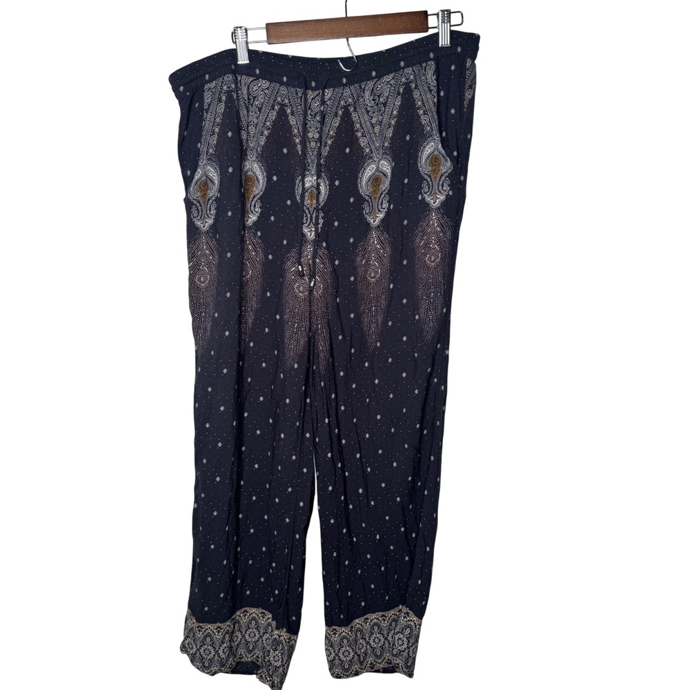 American Eagle Paisley Print Wide Leg Crop Pants Gray Boho Viscose L‎